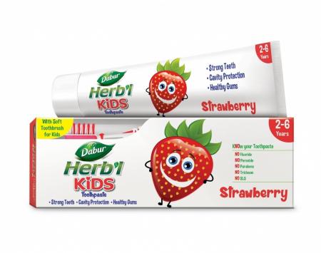 Детская зубная паста со вкусом клубники в комплекте с зубной щеткой (Herb'l Kids Strawberry) Dabur | Дабур