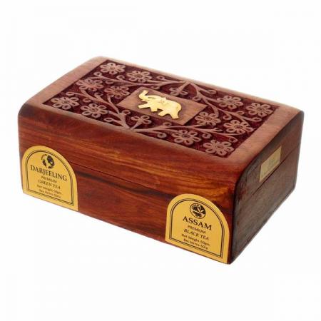 Чай Ассам черный и Дарджилинг зеленый в деревянной коробке (assam and darjeeling tea) Bharat Bazaar | Бхарат Базар 100г-1