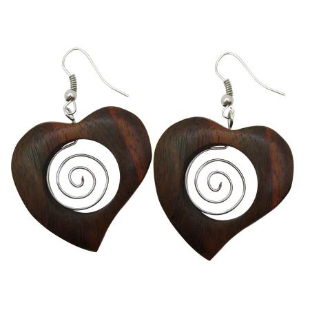 Серьги Любовный оберег Сердечки дерево с металлом (earrings)-1